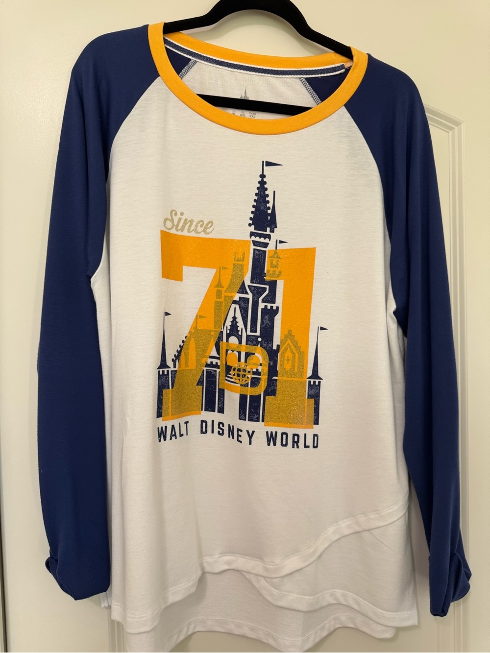 Disney Women's Long Sleeve Raglan Tee in White, Navy & Gold
